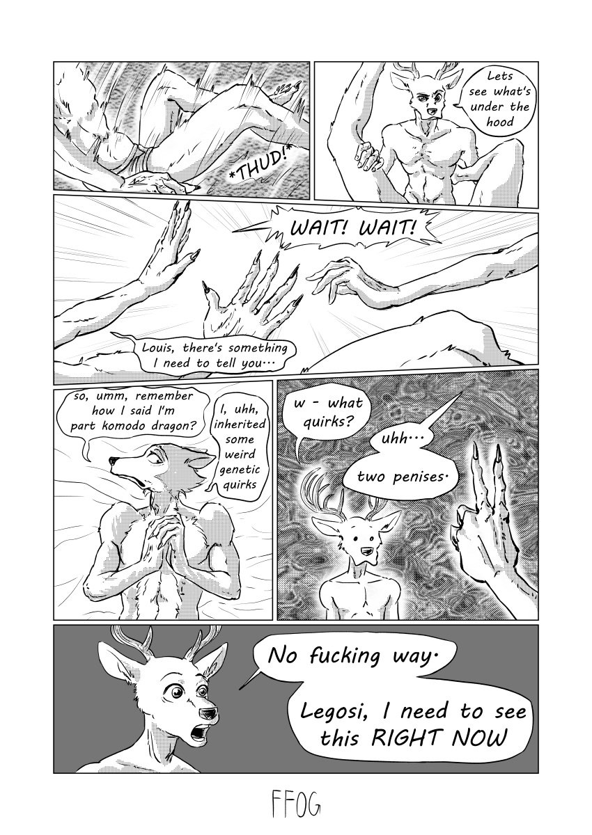 2boys beastars before_sex comic comic_page dialogue diphallism ffog furry imminent_sex legoshi_(beastars) louis_(beastars) surprised tagme yaoi