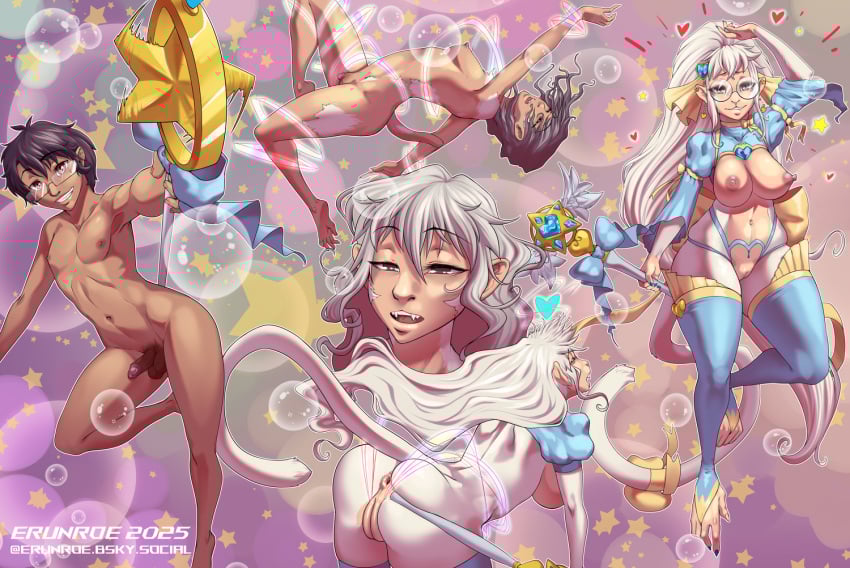 bow_accessory clothing eyewear female fur gender_transformation glasses haplorhine legwear magical_girl_outfit magical_girl_wand male mammal monkey nude_male primate thigh_highs transformation white_body white_fur