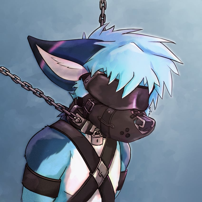 1:1 anthro arm_markings blindfold blue_body blue_fur blush bondage bondage bondage_gear bondage_gear_only bound canid canine chain_leash chains chest_harness collar countershade_tail countershading cuff_(restraint) digital_media_(artwork) dipstick_ears ear_markings fennec_fox fox fur hair harness hi_res inner_ear_fluff leash leather leather_cuffs leather_harness leather_strap lock male mammal markings multicolored_ears muzzle_(object) muzzled nose_hook padlock padlocked_collar phrozt restrained restraints shoulder_markings simple_background solo straps submissive submissive_male tail true_fox tuft white_body white_fur x_harness zee_(zfursee)