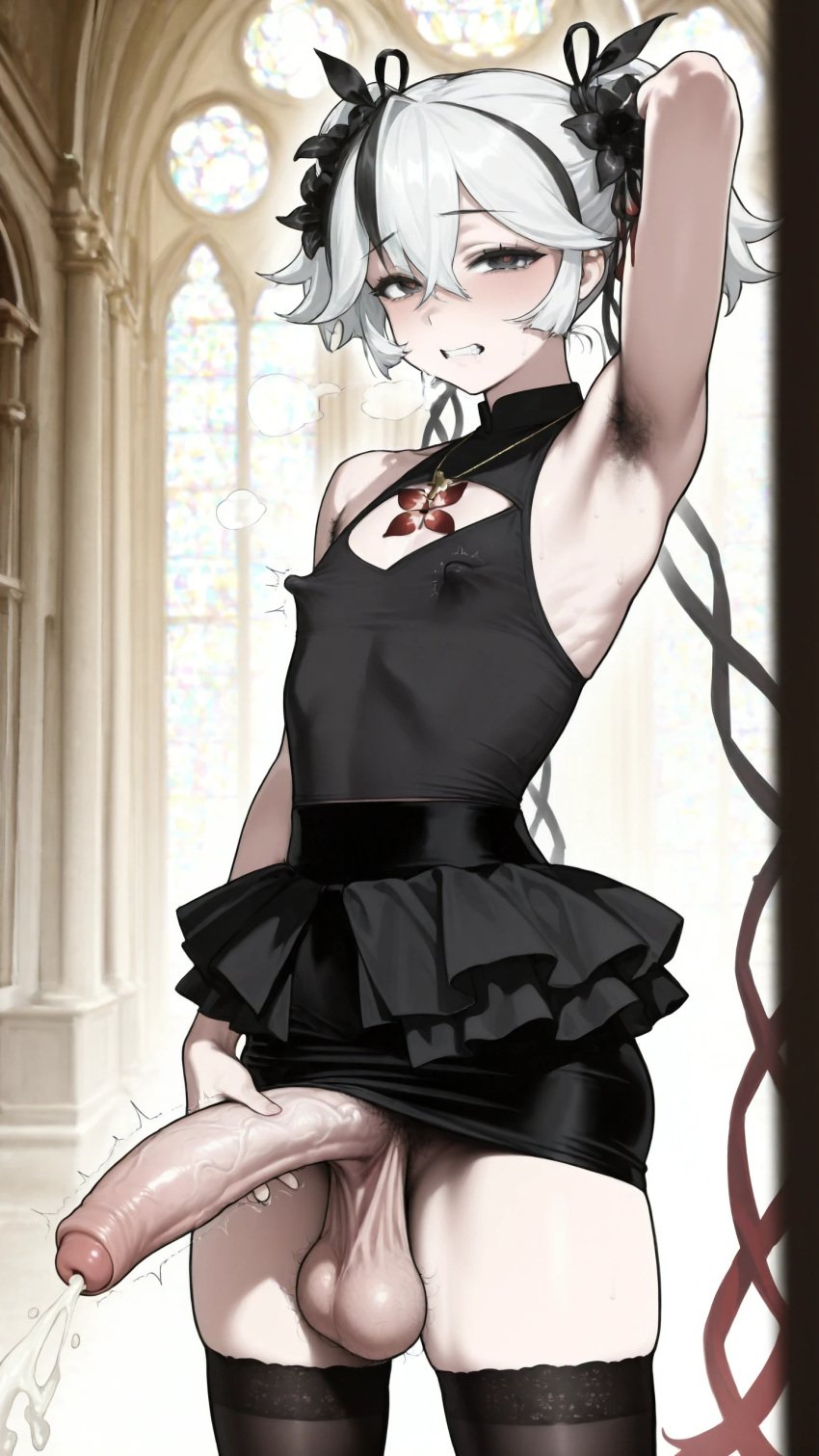 1femboy ai_generated black black_eyes black_flower black_skirt blake_bloom_(wuthering_waves) breasts camellya_(wuthering_waves) commentary croptop erect_nipples erection flower from_above futanari grey_hair hair_flower hair_ornament heart highres holding_penis looking_at_viewer pencil_skirt penis short_hair small_breasts tacet_mark_(wuthering_waves) tight_pencil_skirt uncensored veiny_penis wuthering_waves yuuki_snow