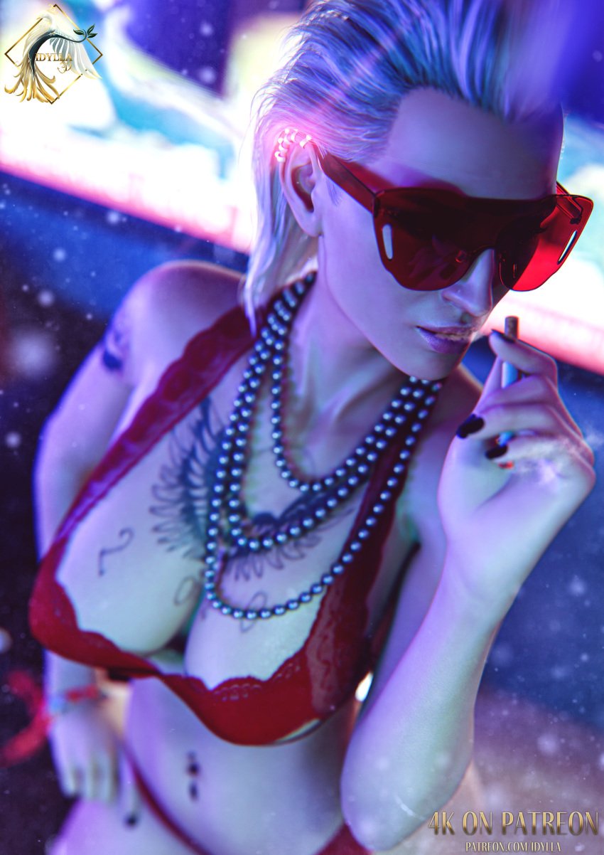 1girls 2025 3/4_view 3d arm_tattoo black_nail_polish blonde_hair bra breasts chest_tattoo cigarette cigarette_smoke cleavage covered_nipples cyberpunk_2077 eyewear female female_only glasses hand_on_hip holding_cigarette idylla indoors lingerie lingerie_only lit_cigarette medium_breasts medium_hair meredith_stout nail_polish navel navel_piercing necklace painted_nails panties red_lingerie red_tinted_eyewear slicked_back_hair solo standing tattoo tinted_eyewear visor_glasses