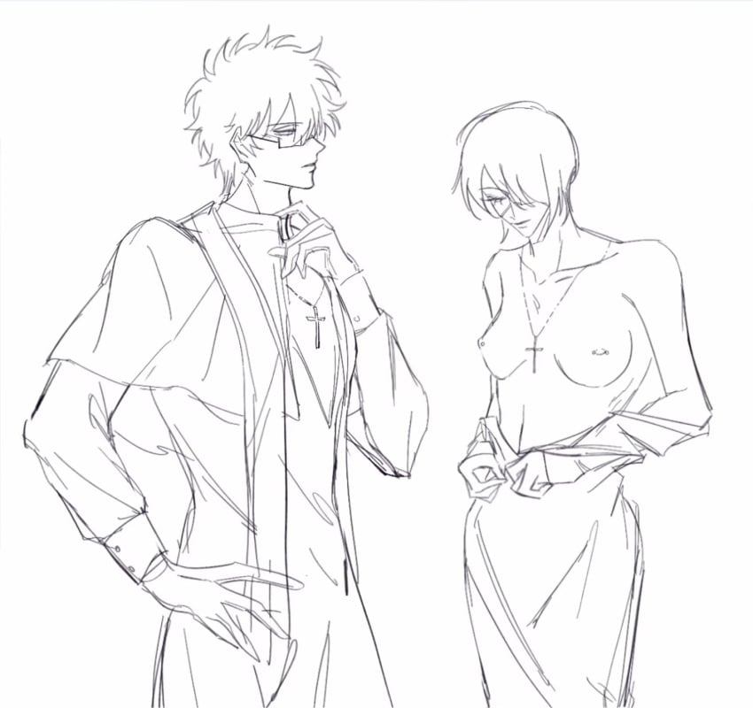 1boy 1girls alternate_costume breasts_out class_3-z cross_necklace eye_patch female genderswap_(mtf) gintama gintoki_sakata glasses hair_over_one_eye hand_on_hip looking_at_another male monochrome nipple_piercing no_bra nun priest rough_sketch rule_63 short_hair sketch takasugi_shinsuke undressing zhmenr