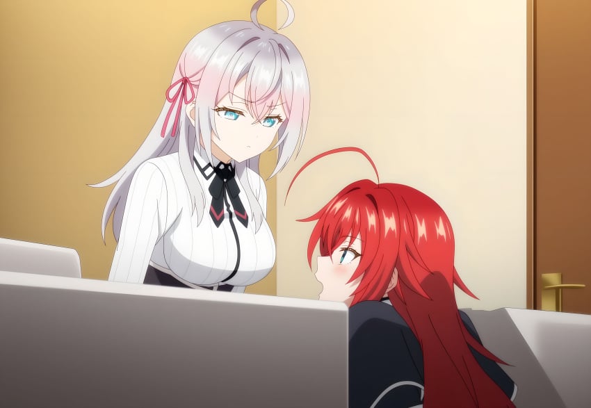 2girls ahoge ai_generated alisa_mikhailovna_kujou big_breasts blue_eyes blue_green_eyes blush crimson_hair_female crossed_bangs crossover crossover_ship crossover_shipping demon_girl females_only hair_ribbon high_school_dxd huge_ahoge interspecies lesbians light-skinned_female long_hair_female looking_at_another loose_hair lovehuwu milky_white_skin open_mouth red_ribbon rias_gremory russian_girl schoolgirl_uniform schoolgirls silver_hair_female tokidoki_bosotto_russian_de_dereru_tonari_no_alya-san very_long_hair_female yuri