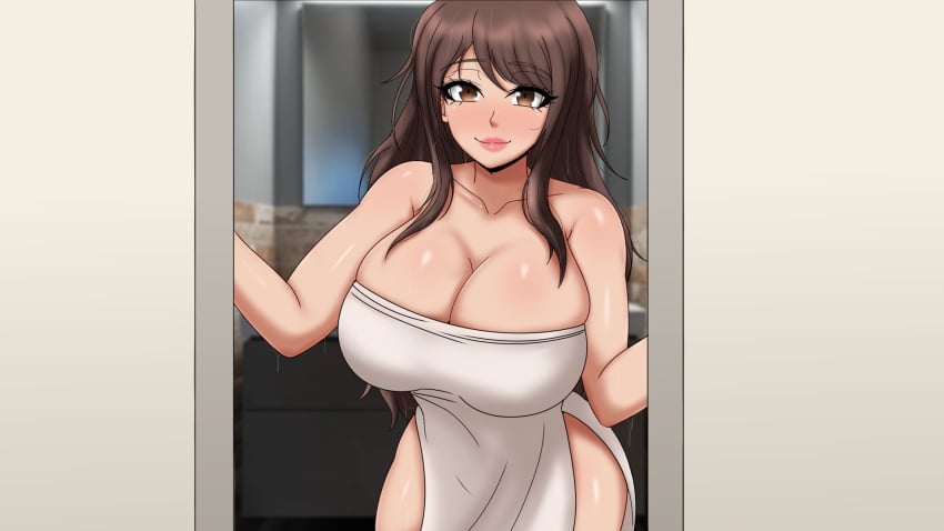 big_breasts cute_face original_character shower towel wet