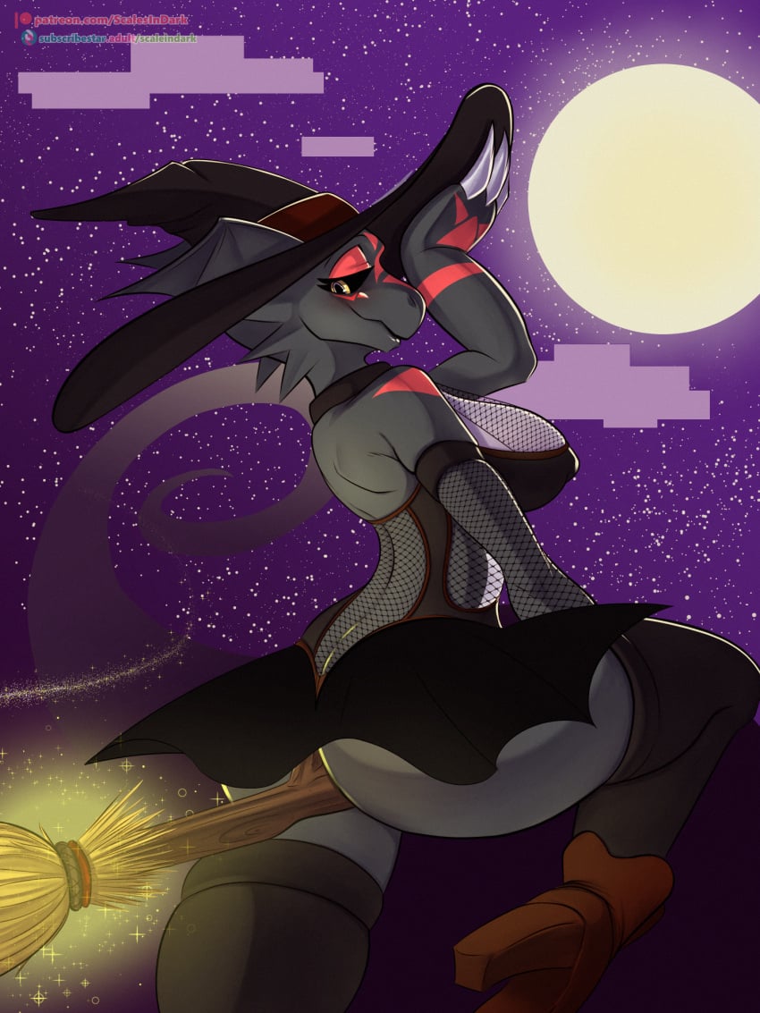 anthro ass bandai_namco bedroom_eyes big_breasts big_butt black_body blush breasts clothed clothing digimon digimon_(species) female flying guilmon hi_res legwear looking_at_viewer magic_user moon narrowed_eyes presenting presenting_hindquarters scalesindark scalie seductive solo stockings text url witch