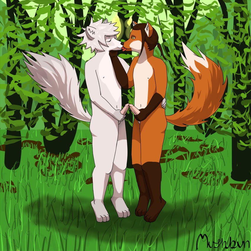 anthro balls blush closed_eyes duo erection fur furry furry_only gay grey_fur hair hindpaw kissing male masturbation mushbun nipples nude paws penis red_fur tree