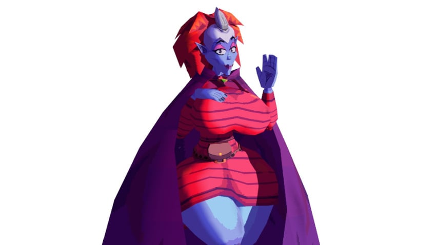 1girls 3d 3d_(artwork) belt big_ass big_breasts blue_skin cape colored_skin dress eye_shadow ghost_witch_of_netor lipstick low_poly pac-man_(series) pac-man_2:_the_new_adventures pointy_ears red_dress red_hair shy_nsfw single_horn smile striped_clothes thighs witch