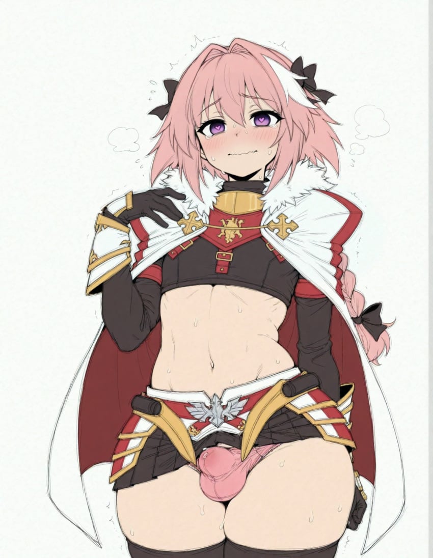 1boy ai_generated astolfo_(fate) black_bow black_gloves black_skirt black_thighhighs blush bow braid bulge cape erection erection_under_clothes fate/grand_order fate/stay_night fate/zero fate_(series) femboy feminine_male feminization fur-trimmed_cloak fur_trim gloves hair_ribbon heart heart-shaped_pupils long_braid long_hair looking_at_viewer male male_focus male_only midriff multicolored_hair navel oerba_yun_fang otoko_no_ko panties penis penis_in_panties pink_hair pink_panties purple_eyes ribbon simple_background single_braid sissy skirt solo sondu streaked_hair sweat symbol-shaped_pupils testicles thighhighs trap trembling twink underwear wavy_mouth white_background yaoi