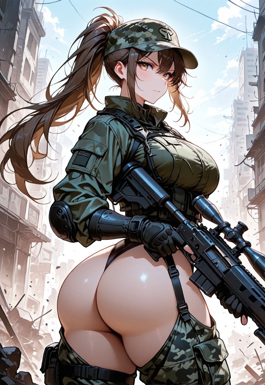 1female 1girls 2d ai_generated ass ass_cheeks back back_view battlefield big_ass big_butt breasts brown_eyes brown_hair buttocks camouflage camouflage_clothing camouflage_headwear camouflage_thighhighs cap city civitai cowboy_shot curvaceous curvy curvy_female curvy_figure dat_ass destroyed_building destroyed_city exposed_ass exposed_butt female female_focus female_only female_sniper female_soldier fireandflame from_behind high_ponytail holding_weapon hourglass_figure human human_female leotard light-skinned_female light_skin looking_at_viewer military_cap military_clothing military_uniform outside ponytail rear_view round_ass round_butt self_upload serious shiny shiny_skin sideboob slim_waist sniper sniper_rifle soldier solo solo_female standing thick_ass thick_butt thick_legs thick_thighs thighs thin_waist thong thong_leotard uncensored voluptuous voluptuous_female weapon wide_hips