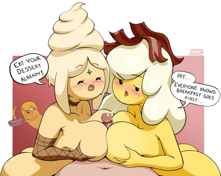 2girls adventure_time big_breasts breakfast_princess cartoon_network double_paizuri female female_focus frozen_yogurt_princess humanoid jake_the_dog napking paizuri