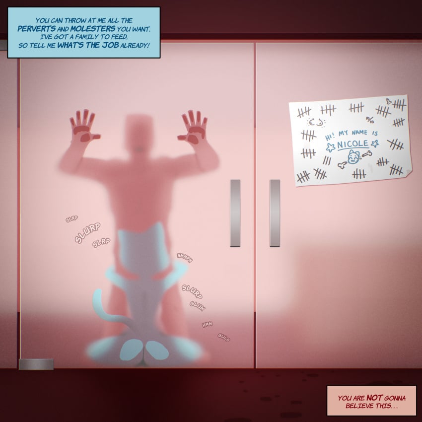 1:1 2025 against_surface anthro arms_around_legs arms_around_partner ass ass_on_glass blue_body blue_fur cartoon_network colored dialogue domestic_cat drawing duo english_text felid feline felis fellatio female frosted_glass fur glass hand_on_glass hi_res human male male/female mammal name_tag nicole_watterson office office_sex on_glass on_ground oral paper penile sex shaded sitting sitting_on_ground sound_effects tagme tail tally_marks text the_amazing_world_of_gumball wtperv