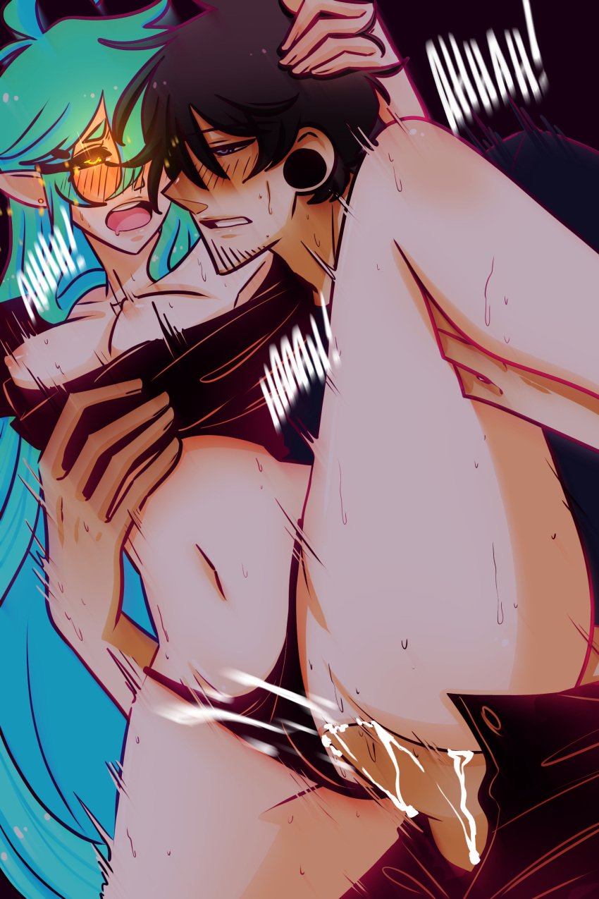 1boy 1boy1girls 1girls big_thighs blush blush couple cum cum_drip cum_dripping_from_penis cum_in_pussy cum_inside doggy_style down_to_earth ear_piercing female green_hair highres kade_(down_to_earth) long_hair love male panties_aside pookie_senpai small_breasts text webtoon wholesome yellow_eyes zaida_(down_to_earth)