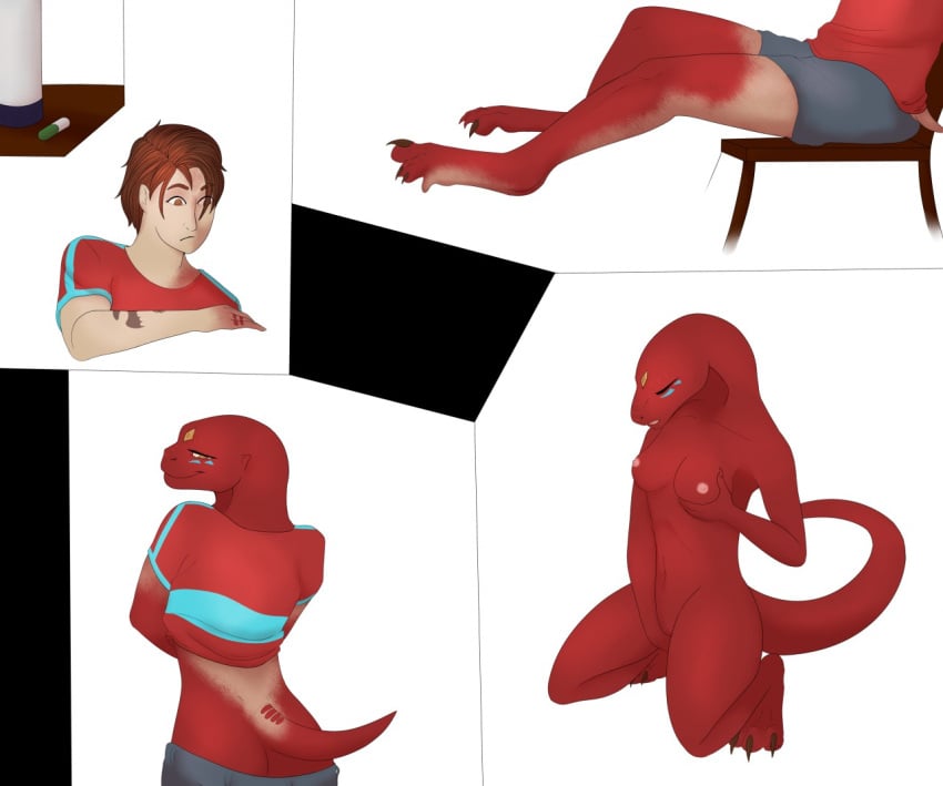 2017 anthro areola ass biped blue_markings bottomwear breast_fondling breast_play breasts brown_eyes brown_hair chair closed_eyes clothed clothing colored comic digitigrade drugs female fingering fingering_self fondling front_view furniture gender_transformation growth hair half-closed_eyes hand_on_breast hand_on_own_breast human human_to_anthro jersey kneeling lizard looking_at_own_hand looking_back_at_self male mammal markings masturbation mtf_transformation narrowed_eyes navel nipples non-mammal_breasts non-mammal_navel non-mammal_nipples nude nude_anthro nude_female on_chair pills rear_view red_body reptile scalie self_fondle shirt shorts side_view simple_background sitting sitting_on_chair sitting_on_ground smile solo species_transformation spread_legs spreading standing tail tail_growth theeldertrinity three-quarter_view topwear transformation transformation_sequence white_background