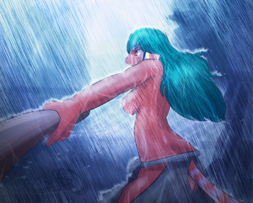 2014 action anthro areola ass breasts cainethelongshot clothed clothing dripping fan_character female fur green_hair hair hakama half-dressed halloween holidays japanese_clothing koroku long_hair mammal markings mustelid night nipples nude outside pants public raining red_eyes red_fur rei shindorei smile solo standing stripes sword topless training tree weapon wet wood