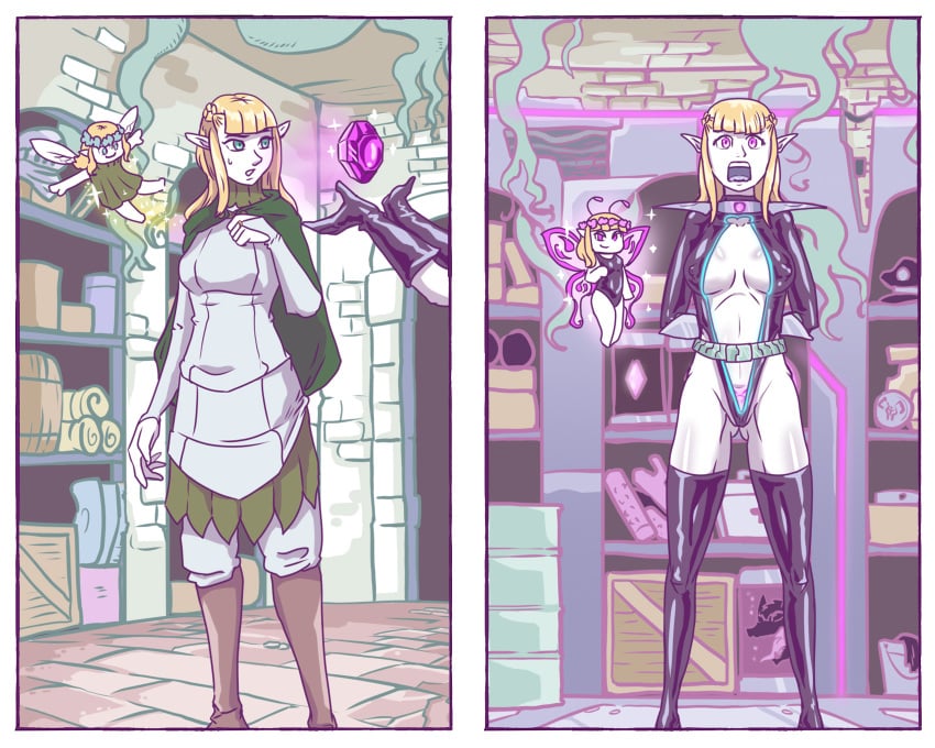 2girls belly.a.seleme blonde_hair blue_eyes breasts dungeon_meshi duo elf fairy fairy_(dungeon_meshi) female female_combatant female_only indoors long_hair mind_control pattadol tagme