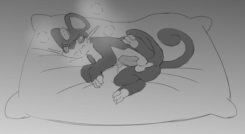 2025 3_toes absurd_res balls blush blush_lines bodily_fluids buckteeth curled_tail erection eyebrows feet feral fur generation_1_pokemon genital_fluids genitals greyscale hi_res lying male male_feral mammal miau monochrome nintendo on_pillow on_side penis pillow plantigrade pokemon pokemon_(species) precum pupils quadruped rattata rodent round_ears snout solo spread_legs spreading sweat sweaty_face tail teeth toes whiskers