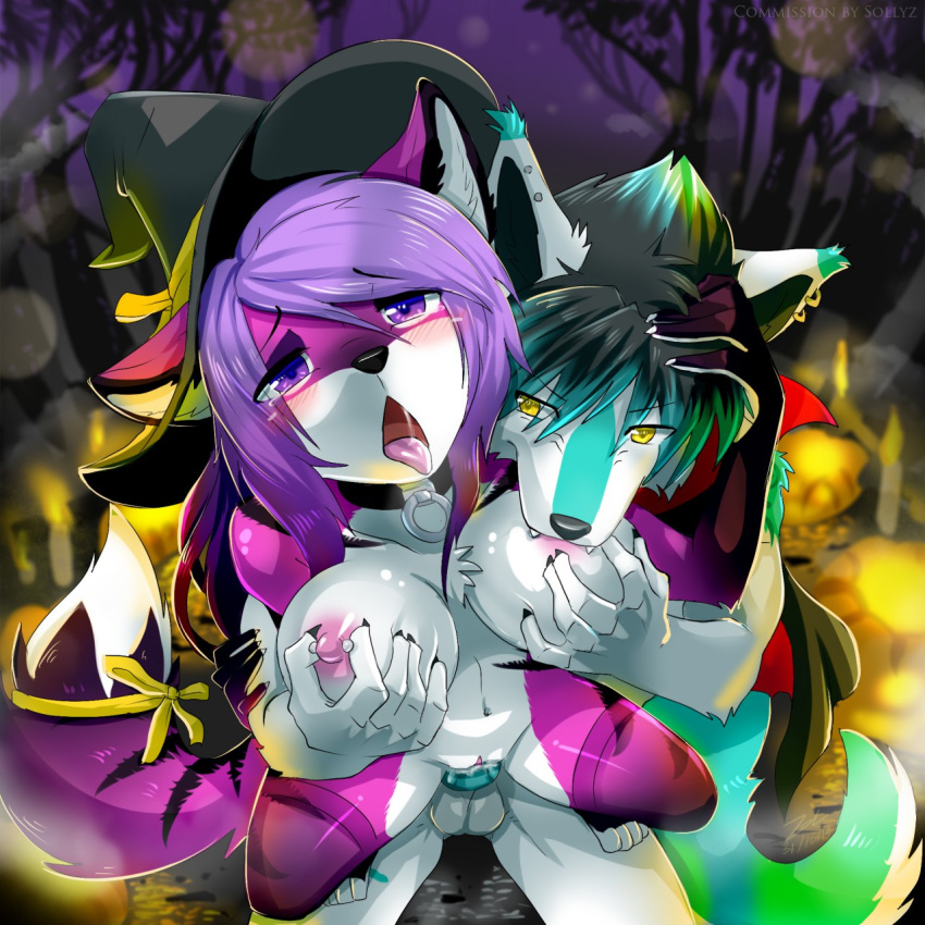 2014 anthro artik_ninetails balls big_breasts black_fur black_hair black_nose blush breasts canine collar duo ear_piercing female fox fur hair halloween hat holidays legwear male mammal multicolored_fur nipple_piercing nipples nude open_mouth penetration penis piercing purple_eyes purple_fur purple_hair selene_leni sex sollyz stockings straight tongue tongue_out vaginal_penetration white_fur witch_hat yellow_eyes