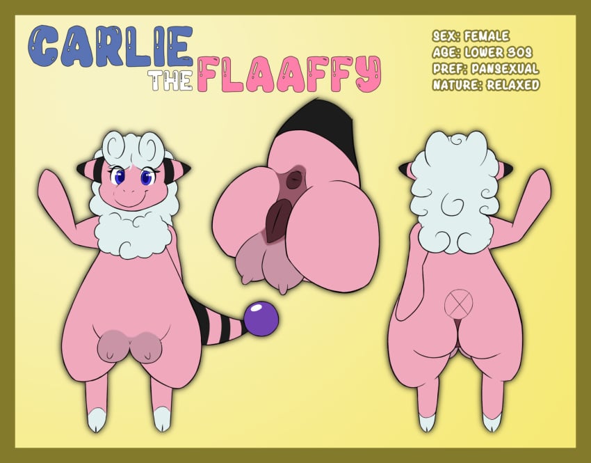 anatomically_correct animal_genitalia animal_pussy anus blue_eyes border bovine_genitalia bovine_pussy carlie_(kerilyn) female flaaffy fur generation_2_pokemon genitals hi_res hooves kerilyn looking_at_viewer model_sheet nintendo orb pink_body pink_fur pokemon pokemon_(species) pussy raised_tail rear_view smile solo stated_pansexuality stated_sexuality tail teats udders wool_(fur) yellow_border