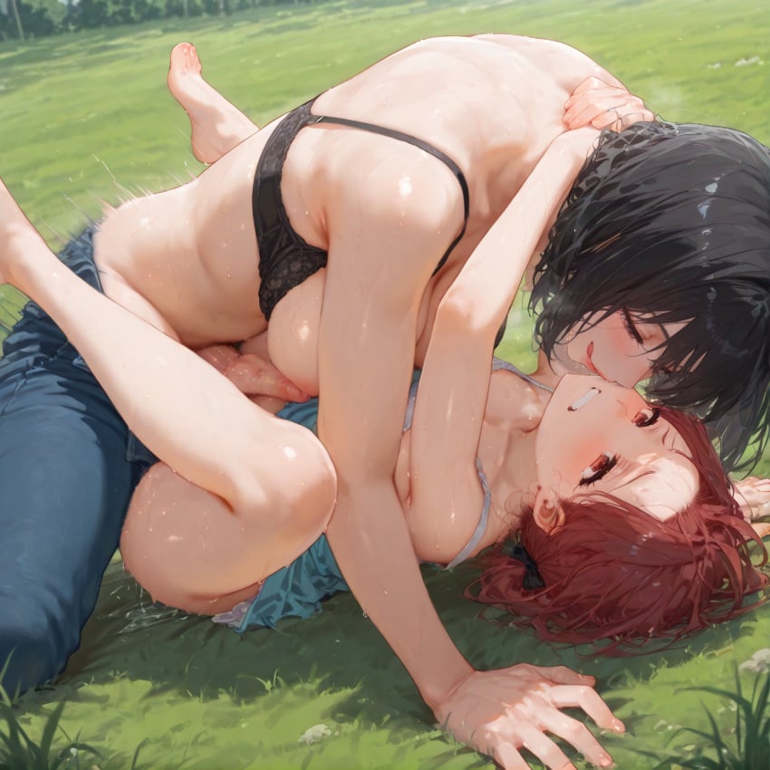 1boy 1futa ai_generated anal anal_sex arm_support black_hair blue_dress bob_cut bra bra_down clenched_teeth dress_lift femboy feminine_male futa_on_femboy futa_on_male futadom futanari grass grass_field hannai intersex jeans jeans_down laying_down legs_up licking_lips male malesub mating_press on_back otoko_no_ko outdoors pants_down red_hair trap voluptuous_futanari