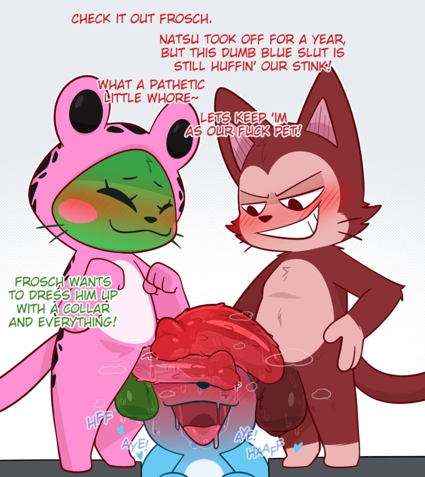 3boys animal_genitalia animal_penis balls blue_body blue_fur blush blush_lines bodily_fluids crushpepper drooling english_text exceed fairy_tail felid feline feline_genitalia feline_penis frosch_(fairy_tail) fur gay gay_male genitals happy happy_(fairy_tail) hi_res lector_(fairy_tail) male_only mammal musk musk_clouds open_mouth penile_spines penis penis_on_face red_body red_fur saliva simple_background sweat sweaty_balls sweaty_genitalia sweaty_penis tagme tail text yaoi