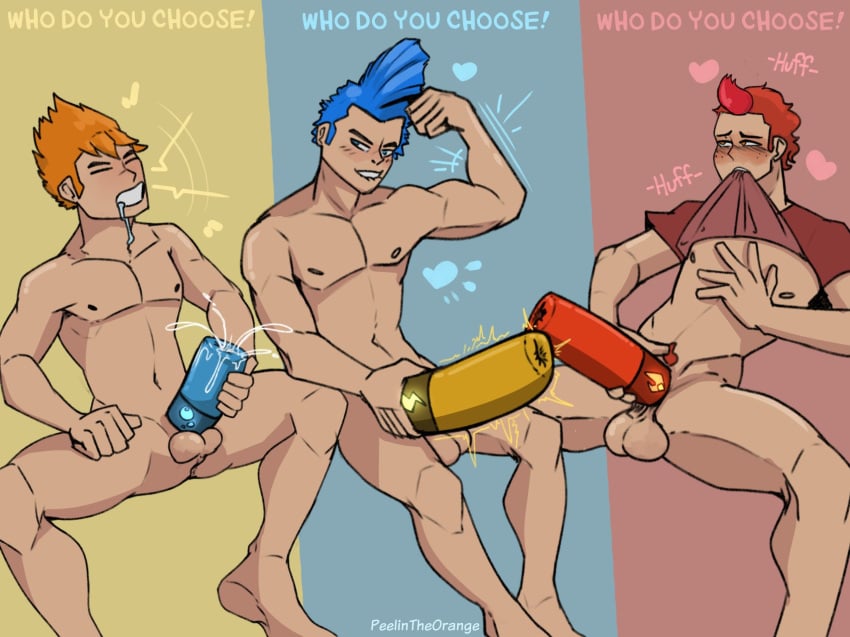 3boys blue_hair brothers closed_eyes cum drooling eevee_brothers gay heart human human_only incest looking_pleasured male male_only nude nude_male orgasm peelintheorange pokemon pubic_hair pyro_(pokemon) rainer_(pokemon) red_hair sex_toy shirt_in_mouth sparky_(pokemon) yellow_hair