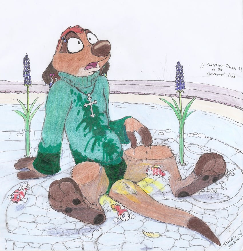 absurd_res bodily_fluids christian_symbol christianity clothing crucifix cyprinid cypriniform disney ear_piercing eyebrow_piercing facial_piercing feet fish flower fountain fur genital_fluids goldfish hi_res jewelry leaf leotard looking_at_another male marine omorashi outside partially_submerged pee_on_clothes peeing peeing_on_another pendant piercing plant religion simple_background sitting sitting_in_water soaked solo spread_legs spreading stone_wall stone_work surprised_expression tail tail_tuft the_lion_king timon timon-berkowitz traditional_media_(artwork) tuft urine wall_(structure) water wet wet_body wet_clothing wet_fur wetting