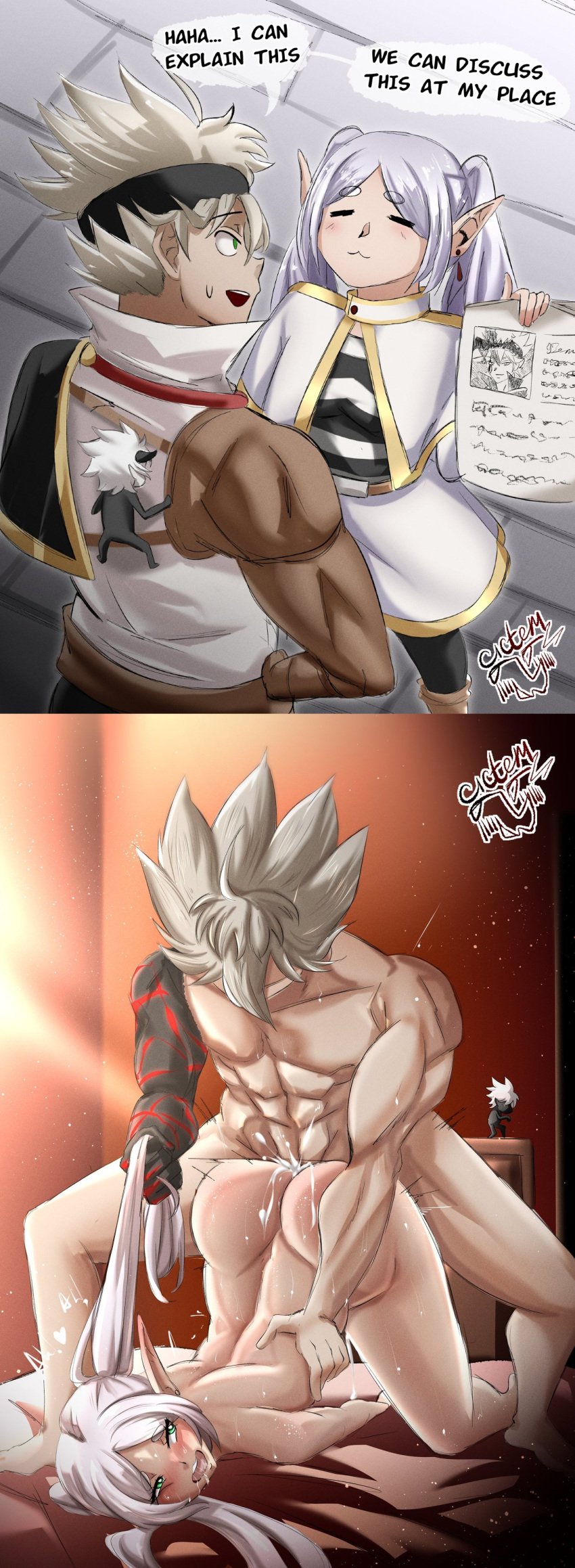 1boy 1girls abs age_difference asta_(black_clover) athletic_male bed before_and_after black_clover chiseled_abs chiseled_body cictemart18 commission crossover demon demonic_arm elf elf_ears elf_female fit_male frieren frieren_beyond_journey's_end from_behind_position grabbing_hair hair_grab hair_pull hard_sex hip_grab inviting male_abs moaning muscular_abs muscular_male pulling_hair rough_sex sex standing straight straight_sex