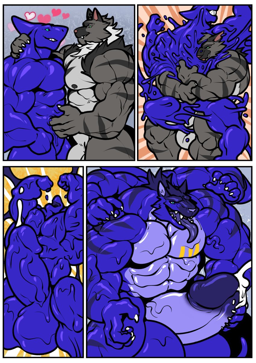 anthro balls canine cock cum dick engis_(trencalos) furry fusion gay goo_creature growth homosexual hyper_balls hyper_penis male male/male male_only merging muscle_growth muscles muscular muscular_male penis semen shark sharp_teeth slime stripes testicles tongue tounge_out trencalos vein veiny_penis wolf