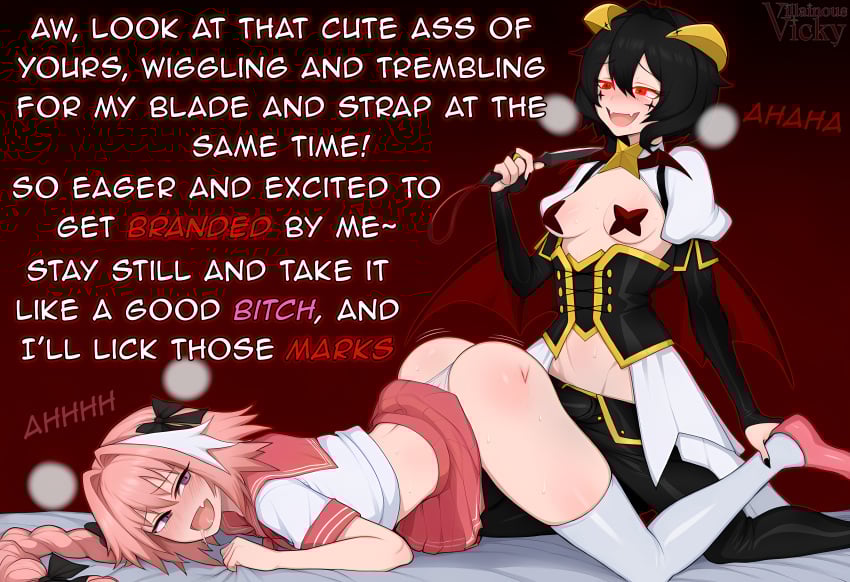 1boy 1femboy 1girls 2025 2d :d absurdres ai_assisted ai_generated ass ass_up astolfo_(fate) astolfo_(sailor_paladin)_(fate) black_bow black_clothing black_dildo black_hair black_nails black_strap-on blade blood_on_ass blood_on_knife blood_on_weapon blush blush_lines bow breasts breath caption clothed clothed_sex colored corset cutting dagger demon demon_girl demon_horns demon_wings demoness dildo doggy_style english_text exposed_ass eyebrows eyebrows_visible_through_hair fangs fangs_out fate/apocrypha fate/grand_order fate_(series) female femboy footwear girly gold_horns hair_between_eyes hair_ornament hair_ribbon hairbow heavy_breathing hi_res highres holding_object holding_weapon horns human knife knife_play legwear light-skinned_female light-skinned_femboy light-skinned_male light_skin long_hair long_nails looking_at_another looking_at_partner looking_pleasured lying_down lying_on_bed male medium_hair midriff miniskirt multicolored_hair nail_polish neckerchief official_alternate_costume on_knees otoko_no_ko pale_skin panties pasties pegging pink_hair pink_neckerchief pink_sailor_collar pink_shoes pink_skirt pleated_skirt purple_eyes red_eyes red_wings sailor_collar sailor_uniform school_uniform schoolgirl_uniform self_upload serafuku sharp_nails shirt shoes short_skirt skirt slim_waist star_pasties star_shaped_pupils steamy_breath straight_hair strap-on streaked_hair succubus text thick_thighs thighhighs thighs thin_waist thong tongue translucent_panties trap underwear villainousvicky villainousvicky_(artist) white_hair white_legwear white_panties white_shirt white_thighhighs wings yellow_horns