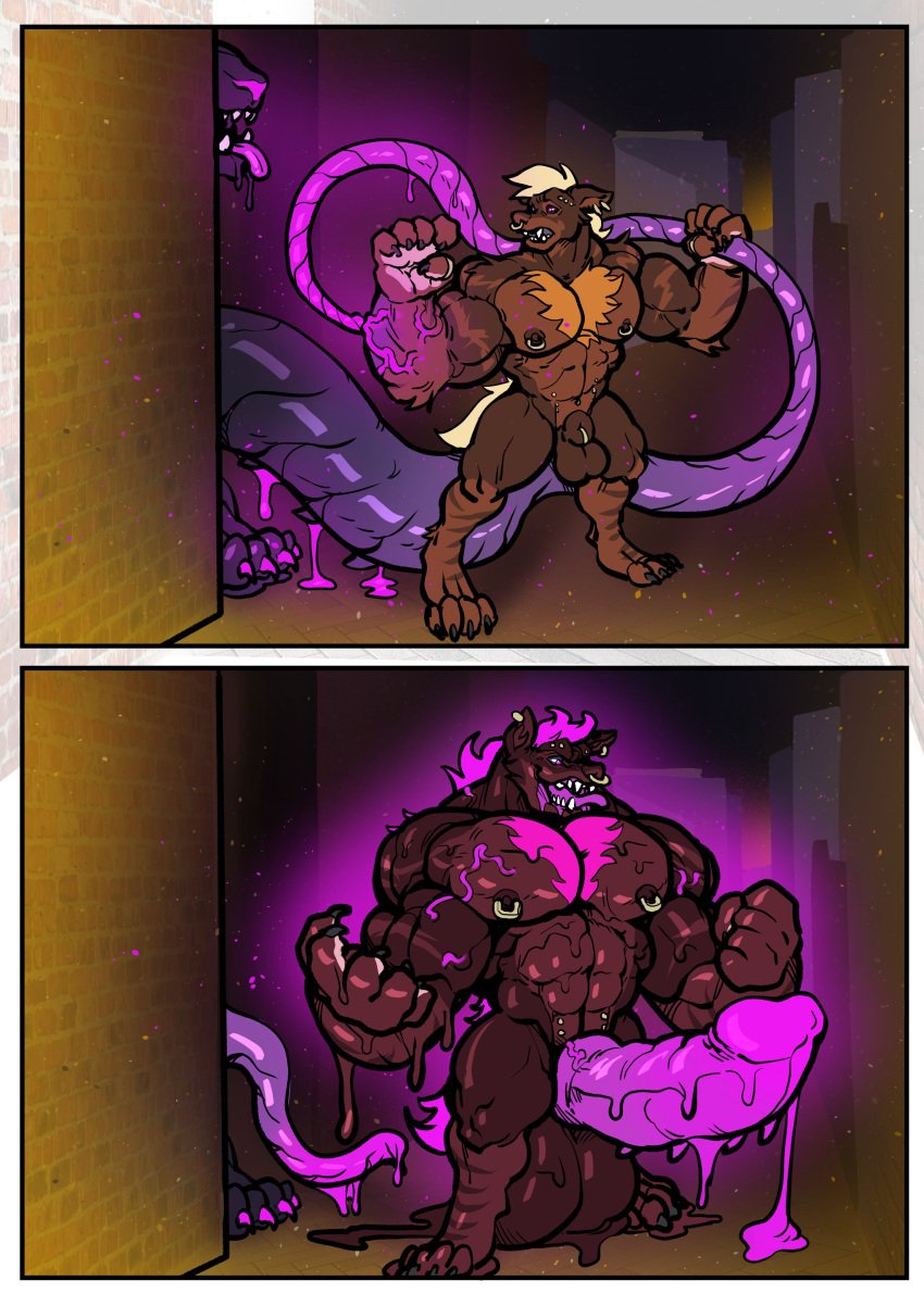 alley anthro balls chest_hair chest_tuft claws cock cock_ring dick earrings furry goo_creature growth hair hyper_balls hyper_penis monster muscle_growth nipple_piercing nose_ring penis penis_growth piercing rat ring size_difference stripes tail tentacle testicles tongue tongue_out transformation trencalos vein