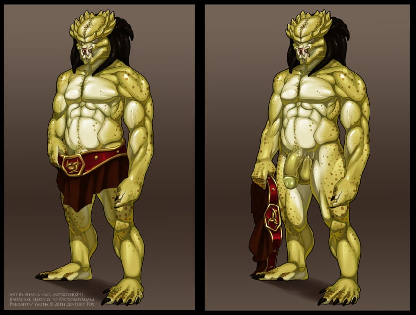 abs alien astrozerk balls belt biceps claws clothed clothing fangs flaccid full_length green_skin half-dressed humanoid_penis loincloth male male_only muscles nude pecs penis pose predator predator_(franchise) scales solo standing teeth toe_claws toned topless yautja yellow_penis