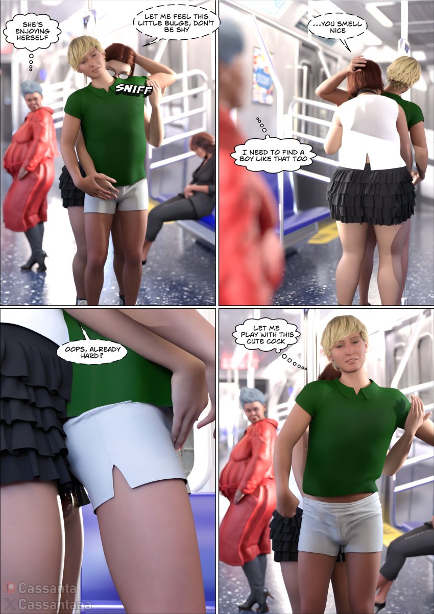 3d cassanta comic comic_page female female_pervert femdom glasses groping male malesub masturbation_through_clothing nerdy_female public public_masturbation public_sex small_bulge train train_interior unwanted_erection