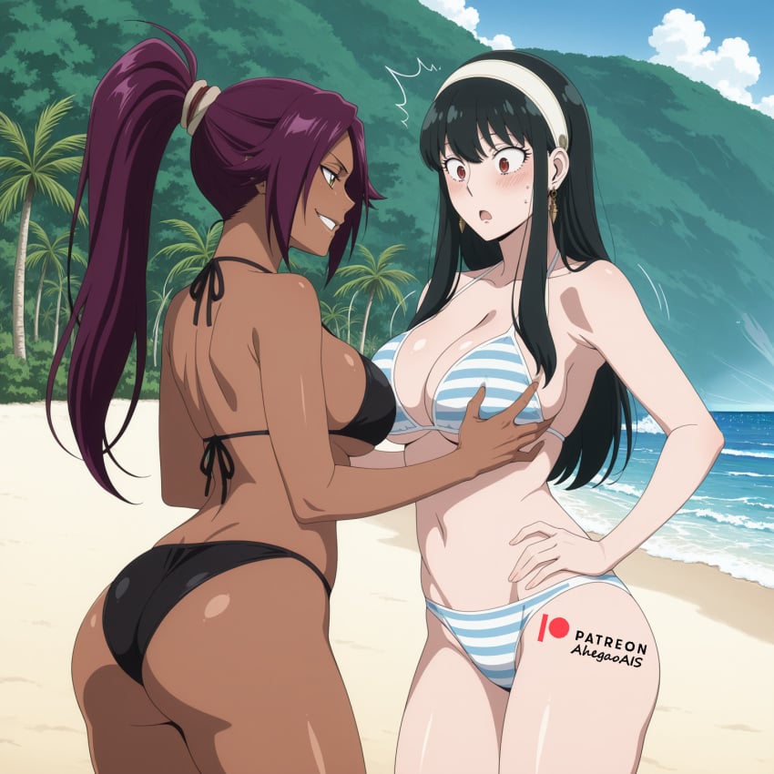 2d 2d_(artwork) 2d_artwork 2girls ahegao_ai ai_generated beach big_breasts bikini bikini_bottom bikini_top bleach bleach:_the_thousand-year_blood_war breast_grab breasts crossover dark_skin female female_focus female_only full_body patreon patreon_link patreon_logo patreon_url patreon_username shihouin_yoruichi spy_x_family watermark white_skin yor_briar yor_forger