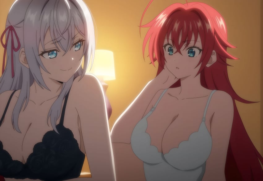2girls ai_generated alisa_mikhailovna_kujou big_breasts bikini blue_eyes blue_green_eyes crimson_hair_female crossed_bangs crossover crossover_ship crossover_shipping demon_girl females_only hair_ribbon high_school_dxd huge_ahoge indoors interspecies lesbians light-skinned_female long_hair_female looking_at_another loose_hair lovehuwu milky_white_skin red_ribbon rias_gremory russian_girl silver_hair_female smile tokidoki_bosotto_russian_de_dereru_tonari_no_alya-san very_long_hair_female yuri