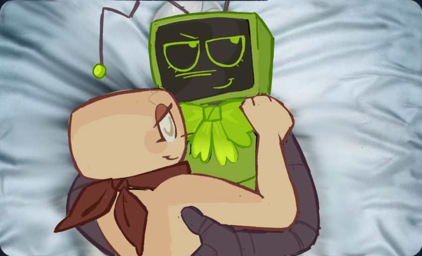 bed bed_sheet closed_eyes dandy's_world hug lying_on_bed meme nude nude_female roblox shelly_(dandy's_world) smug twitter_link vee_(dandy's_world)