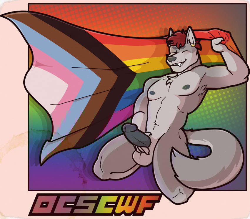 absurd_res anthro border canid canine claws closed_eyes countershade_fur countershade_torso countershading ear_piercing finger_claws flag flag_(object) fur grey_body grey_fur hair halftone halftone_background hi_res kneeling lgbt_pride male mammal masturbation muscular muscular_anthro muscular_male nipples outcast-stars pattern_background pecs piercing pride_color_background pride_colors progress_pride_colors progress_pride_flag red_body red_fur red_hair simple_background smile smirk solo tail teeth weyland_here