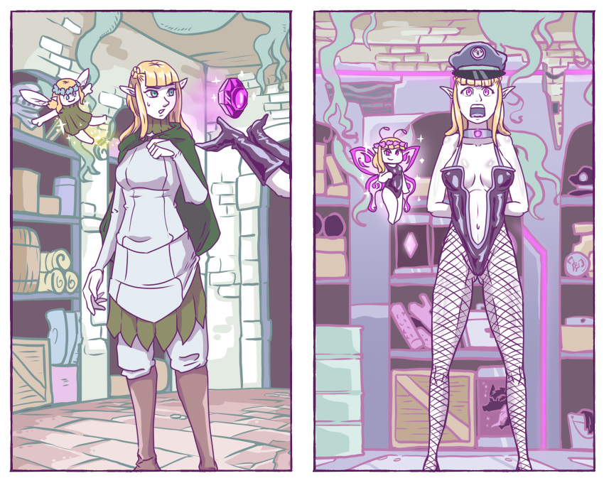 2girls belly.a.seleme blonde_hair blue_eyes breasts dungeon_meshi duo elf fairy fairy_(dungeon_meshi) female female_combatant female_only indoors long_hair mind_control pattadol tagme