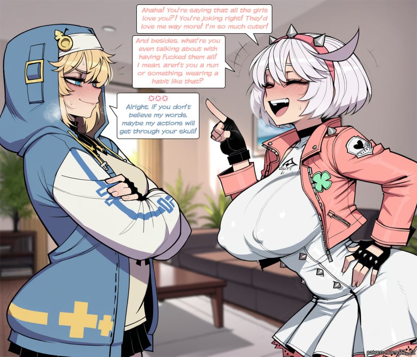 1boy ai_generated bangs black_gloves blonde_hair blue_eyes blue_jacket blurry blurry_background blush breasts bridget closed_eyes closed_mouth clover covered_nipples cross crossed_arms dress elphelt_valentine english_text female fingerless_gloves four-leaf_clover gloves habit hair_between_eyes hairband hand_on_hip hood hood_up hooded_jacket huge_breasts index_finger_raised indoors jacket large_breasts laughing long_sleeves medium_hair nose_blush nun open_clothes open_jacket open_mouth otoko_no_ko plant pleated_skirt pointing short_hair siblings skirt smile smug speech_bubble spikes straight sweat teeth white_dress white_hair