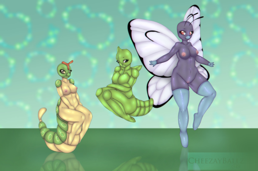 2014 antennae anthro anthrofied areolae breasts butterfree caterpie cheezayballz female green_skin group large_breasts looking_at_viewer metapod navel nintendo nipples nude on_one_leg pokemon pokemon_rgby pokemorph purple_skin pussy red_eyes size_difference standing wide_hips wings