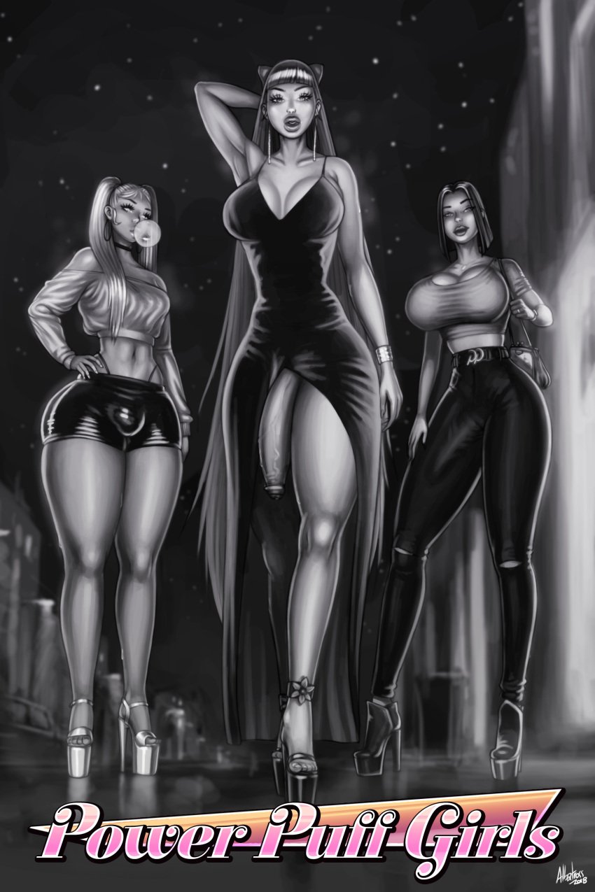 3futas aged_up albatross_(artist) big_lips bimbo bimbo_futa bimbo_lips bimbofication blossom_(powerpuff_girls) blowing_bubblegum bob_cut breasts bubble_gum bubbles_(powerpuff_girls) bulge buttercup_(powerpuff_girls) cleavage clothed dickgirl dress earrings flaccid futa_only futa_transformation futa_with_futa futanari high_heels high_waisted_thong highres hoop_earrings hoop_earrings_oversized hourglass_figure huge_cock intersex large_breasts large_penis monochrome penis penis_under_dress platform_heels powerpuff_girls purse shorts_bulge siblings sisters standing twintails voluptuous whale_tail