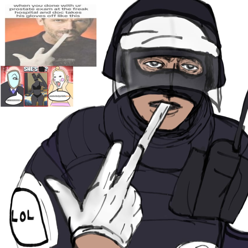 armor curimomo dandy's_world doc_(rainbow_six) france glisten_(dandy's_world) gloves gregory_house helmet helmet_with_visor ibispaintx jxci meme meme_reference rainbow_six rodger_(dandy's_world) self_upload shitpost suggestive suggestive_look tagme taking_off_glove text uniform