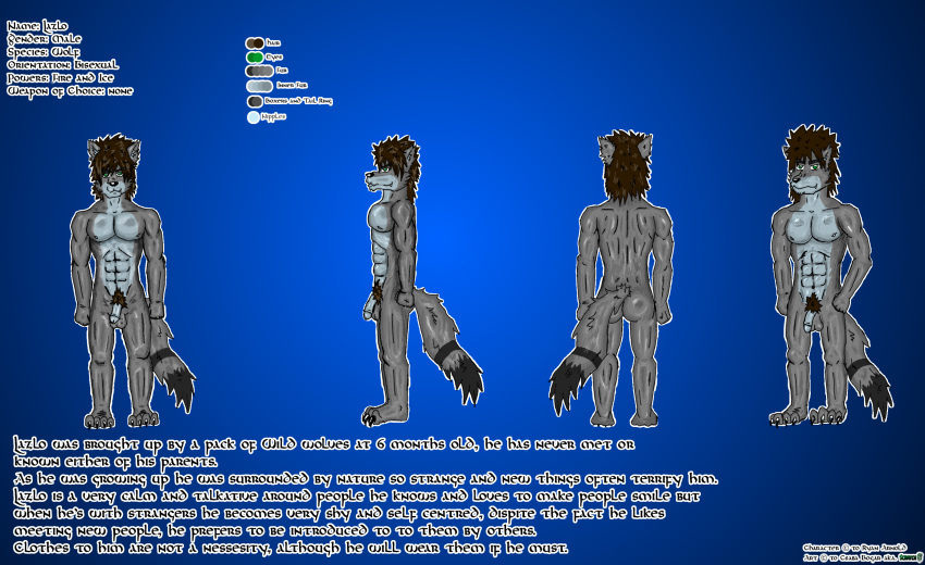 1boy anthro ass badwolf15 brown_hair canine english_text fur grey_fur hair humanoid_penis lazlo male male_only mammal model_sheet penis plain_background pubes scratch solo text wolf