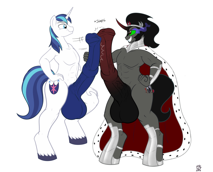 2014 absurd_res animal_genitalia anjuneko anthro anthrofied badgerben balls big_balls black_fur black_hair blue_eyes cape cutie_mark duo equine friendship_is_magic frottage fur furry furry_only gay green_sclera hair hasbro hi_res horn horsecock hyper hyper_balls hyper_penis king_sombra_(mlp) male male_only mammal my_little_pony penis plain_background red_eyes sex shining_armor_(mlp) two_tone_hair unicorn white_background white_fur