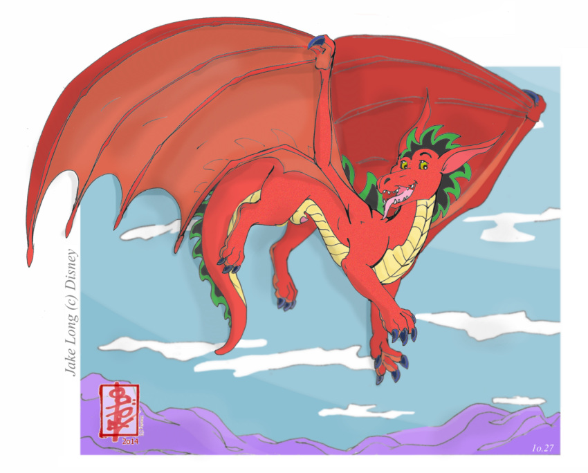 2014 american_dragon:_jake_long disney disney_channel dragon fennec_(artist) feral flying jake_long looking_away looking_down male male_only open_mouth outdoors penis penis_tip playful red_scales scalie sharp_teeth sheath sky smile solo teeth tongue tongue_out wings