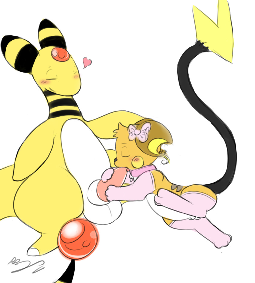 afterglow_the_ampharos ampharos balls blush closed_eyes crossdressing duo elbow_gloves feral feral_on_feral furry furry_only gay girly gloves hairbow hand_on_head heart holding_penis legwear looking_pleasured male nintendo oral penis pokemon pokemon_(species) raichu rairai rairai_(character) sex sheath size_difference smile stockings thigh_highs video_games young