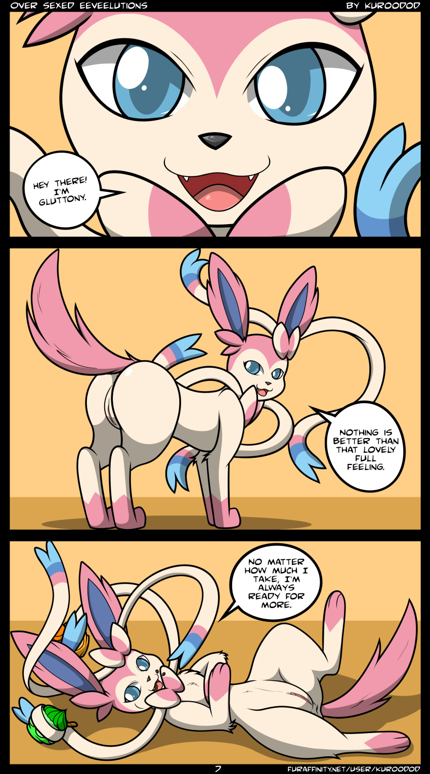 2014 absurd_res anus ass blue_eyes bow dialogue eating eeveelution english_text female feral food fur furaffinity_username gluttony_(kuroodod) hi_res kuroodod looking_at_viewer looking_back lying mammal nintendo on_back open_mouth page_7 pink_fur pokémon_(species) pokemon presenting pussy solo standing sylveon text video_games white_fur zoophilia