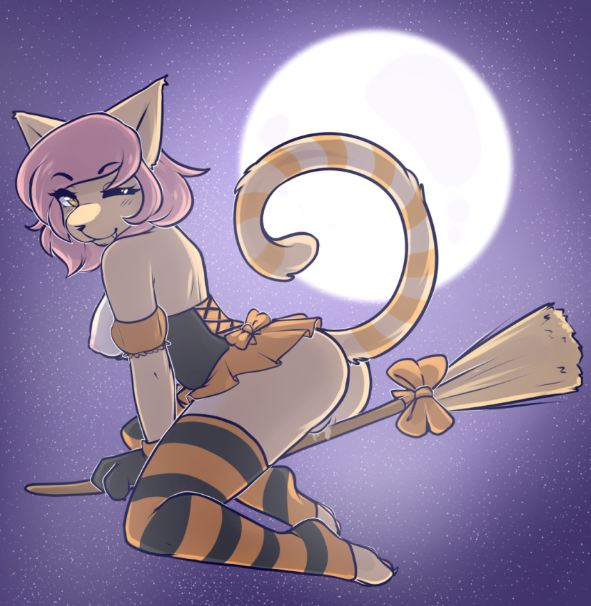 2014 anthro ass breasts broom clothed clothing exposed_breasts feline female gloves hair lacing legwear mammal moon no_underwear on_top one_eye_closed outside pussy pussy_juice skimpy sky solo star starry_sky straddling striped striped_legwear toeless_socks wet_pussy zyira