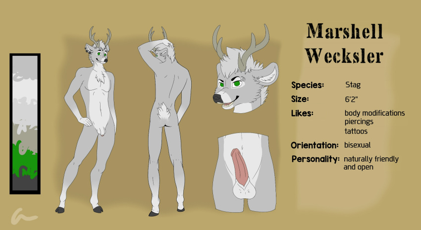 antlers arm_behind_head average balls cervine deer ear_piercing english_text erection gauges green_eyes grin hair hand_on_hip horn male mammal marshell_wecksler model_sheet penis piercing short_tail solo standing text white_hair