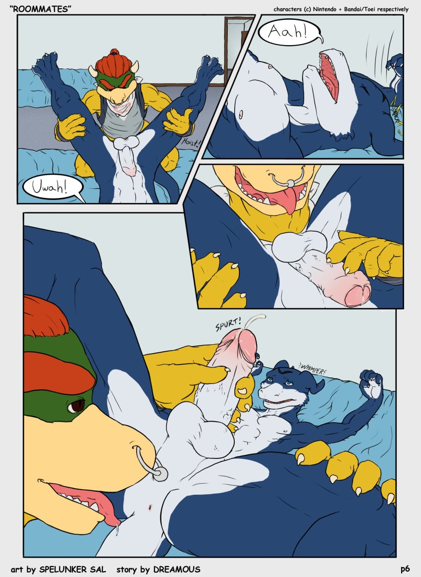 abs anal anthro anus balls bandai biceps bowser_koopa_junior_(roommates) clothing comic couple digimon dreamous_(writer) duo english_text flamedramon fondling furry furry_only gay giancarlo_rosato handjob hi_res horn humanoid_penis koopa licking male male/male male_only mario_(series) masturbation muscles nintendo nipples nude oral pecs penis piercing precum rimming roommates_(comic) scales scalie sex spelunker_sal text tongue tongue_out uncut yaoi