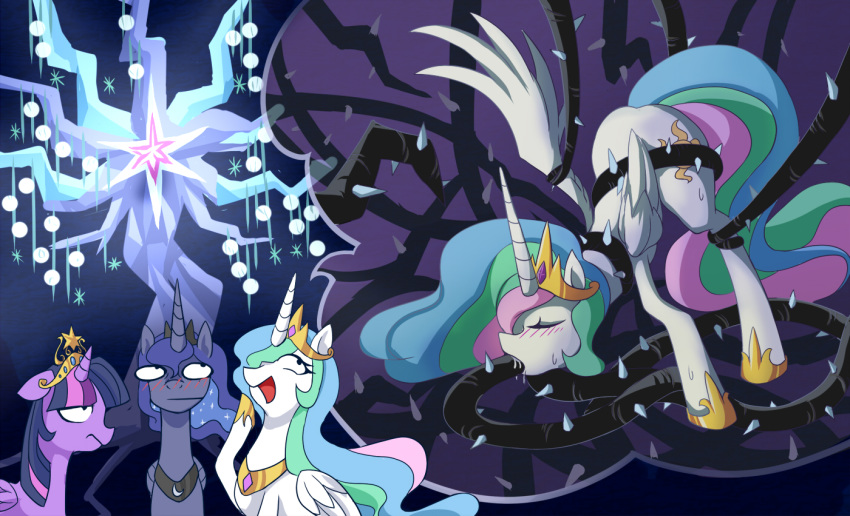 2013 alicorn black_vine blue_fur blue_hair blush bondage bound closed_eyes crown cutie_mark equine female feral friendship_is_magic fur grasspainter group hair horn long_hair mammal multicolored_hair my_little_pony open_mouth oral_penetration princess_celestia_(mlp) princess_luna_(mlp) purple_fur purple_hair royalty sweat tentacle twilight_sparkle_(mlp) vines white_fur wings